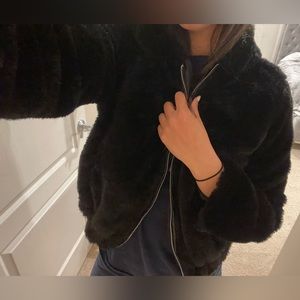 Black Faux Fur Jacket with Hood and Zipper Sz Medium